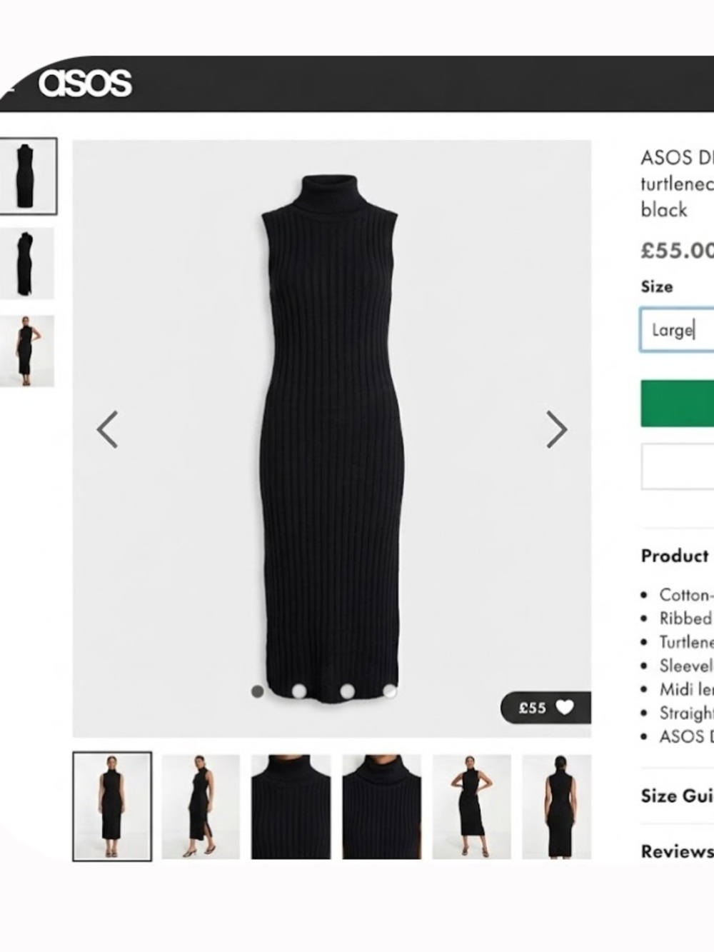 ASOS Black Ribbed Knit Sleeveless Turtleneck Midi Sweater Dress